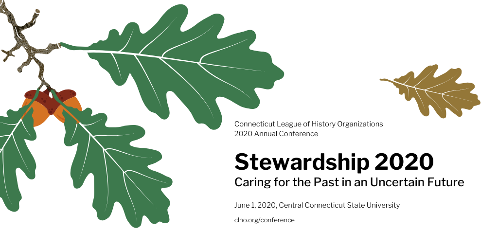 Oak leaves and acorns, falling leaf, "Stewardship 2020"