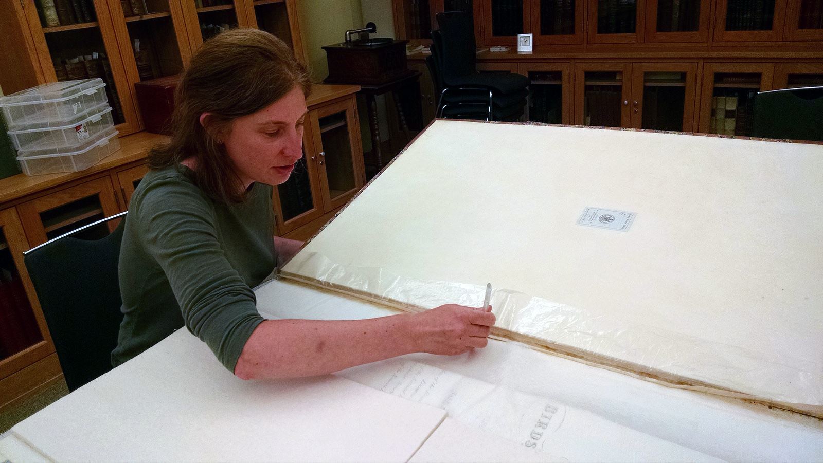 Jean Baldwin at work on the Audubon folios at Trinity College